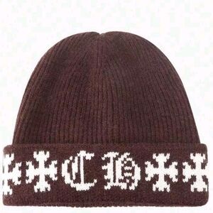 Brown Knit Beanie with White Pattern